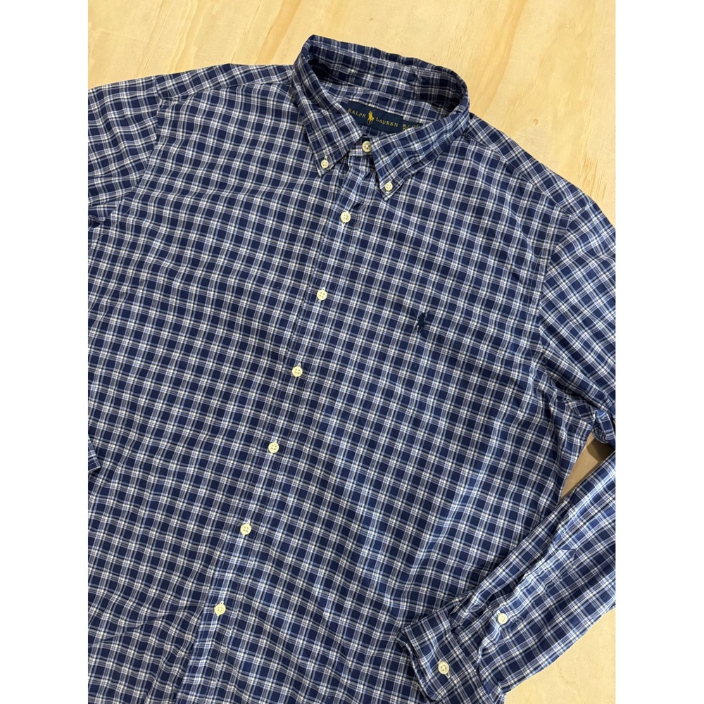 Ralph‎ Lauren Mens XL Plaid Button Down Shirt Navy Blue White Long Sleeve Cotton